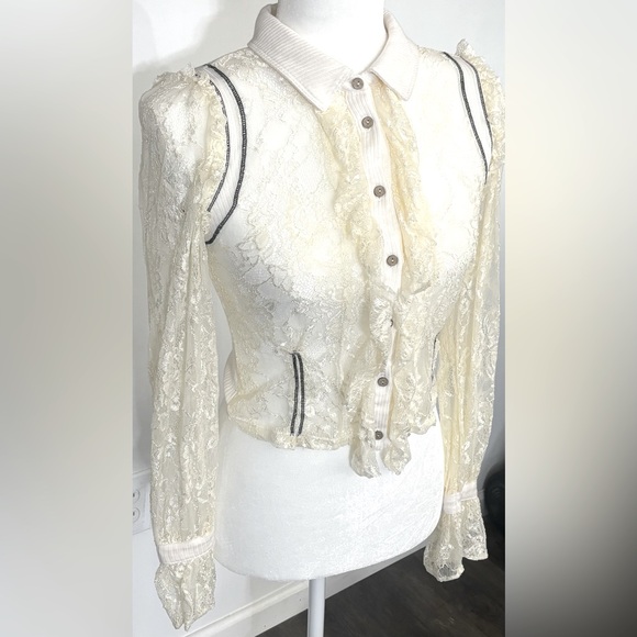 Free People soft stretchy Ivory lace & black button crop top collared blouse XS - Picture 1 of 14